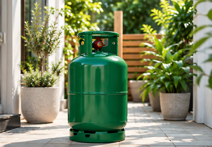 A green gas cylinder on a sunny patio.