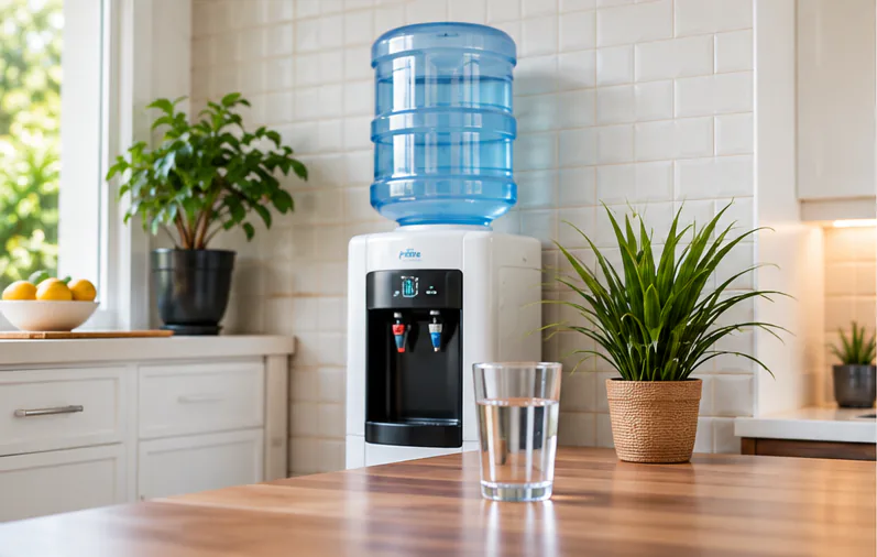 A 20 L drinking-water bottle on a dispenser in a bright home kitchen.